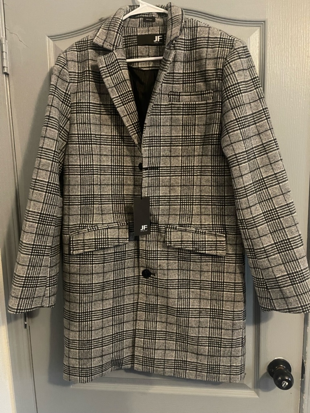 JF Plaid Wool-Blend Overcoat in Black & White